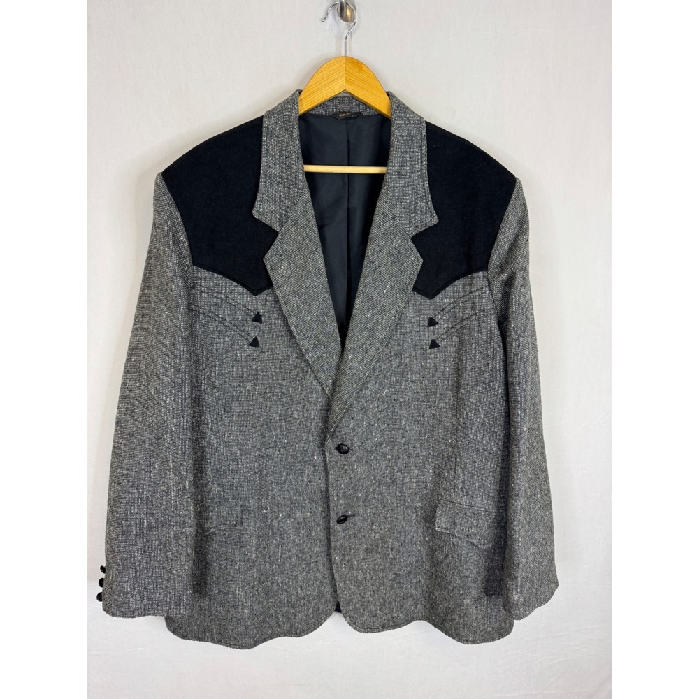 Vintage Pioneer Wear Mens Western Blazer Grey Tweed Black Men 54L Tall USA